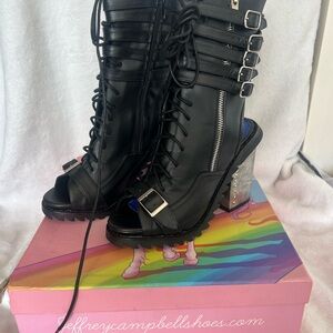 Jeffrey Campbell Tesla combat Black Lace Up Boots with Silver Heel